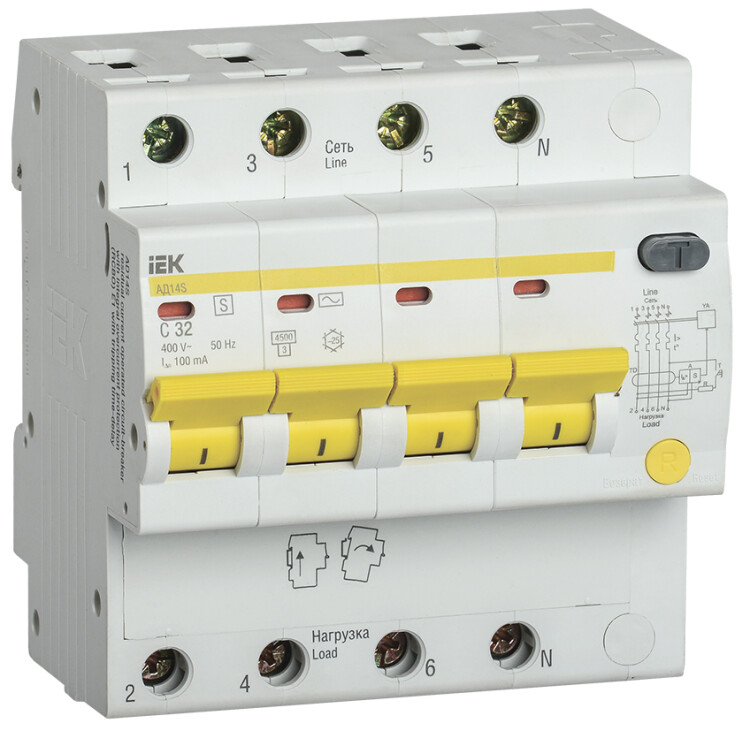 Выключатель автоматический дифференциального тока АД14S 4п 32А C 100мА тип AC (5 мод) | MAD13-4-032-C-100 | IEK