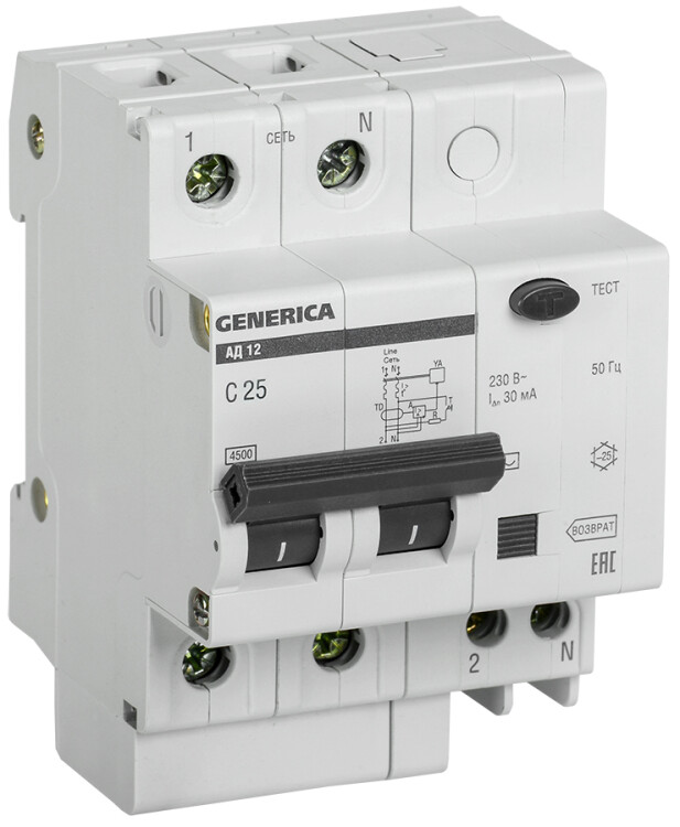 Выключатель автоматический дифференциального тока АД12 2п 25А C 25А тип AC (3,4 мод) GENERICA | MAD15-2-025-C-030 | IEK