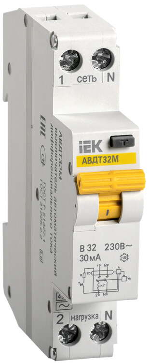 Выключатель автоматический дифференциального тока АВДТ32М 1п+N 32А C 30мА тип AC (1 мод) | MAD32-5-032-C-30 | IEK