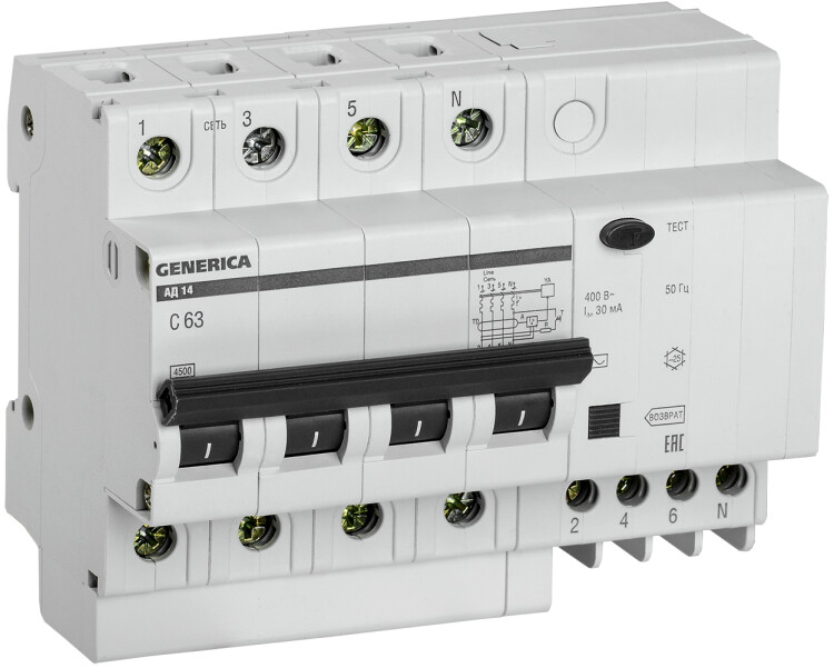 Выключатель автоматический дифференциального тока АД14 4п 63А C 63А тип AC (7,4 мод) GENERICA | MAD15-4-063-C-030 | IEK