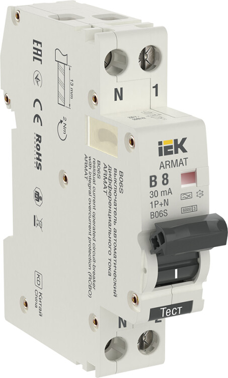 Выключатель автоматический дифференциальный АВДТ B06S 1P+NP B8 30мА тип A (18мм) ARMAT IEK | AR-B06S-1N-B08A030 | IEK