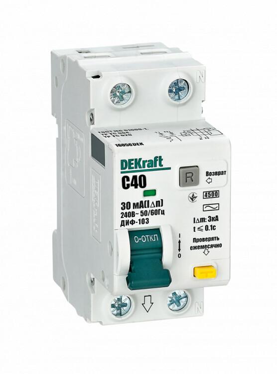 Автоматический выключатель дифференциального тока АВДТ 1Р+N 40А 30мА тип AC х-ка C ДИФ-103 4.5кА | 16056DEK | DEKraft