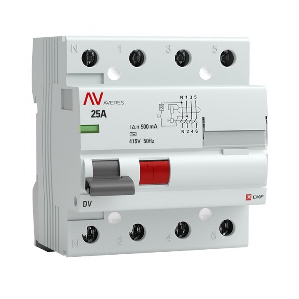 Выключатель дифференциальный (УЗО) DV 4п 25А 500мА тип AC AVERES | rccb-4-25-500-ac-av | EKF