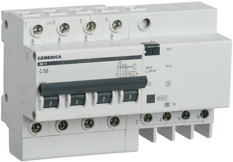 Выключатель автоматический дифференциального тока АД14 GENERICA 4п 50А C 300мА тип AC (8 мод) | MAD15-4-050-C-300 | IEK