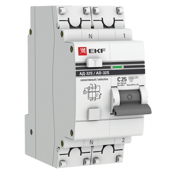 Выключатель автоматический дифференциального тока АД-32 (селективный) 1п+N 25A C 100мА тип AC PROxima | DA32-25-100S-pro | EKF