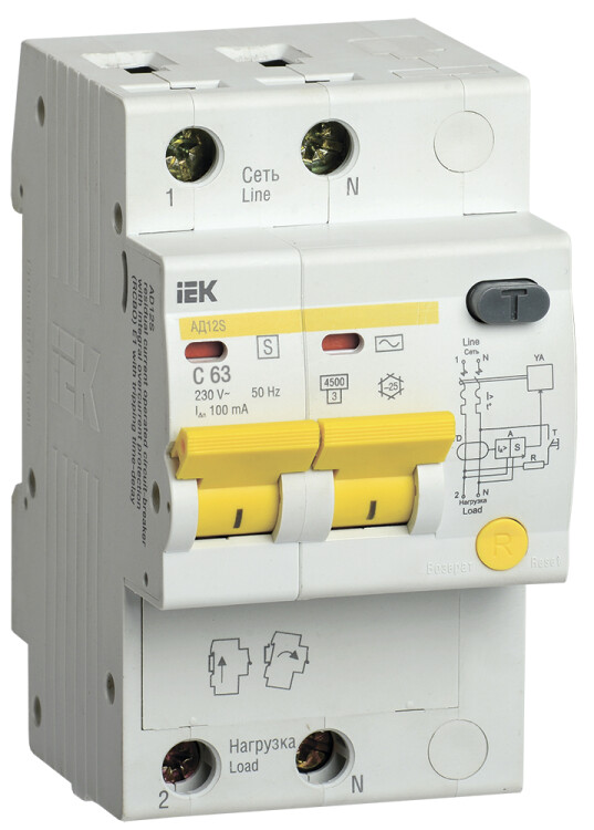 Выключатель автоматический дифференциального тока АД12S 2п 63А C 100мА тип AC (3 мод) | MAD13-2-063-C-100 | IEK