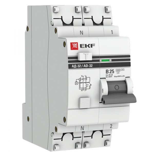 Выключатель автоматический дифференциальный АД-32 1P+N 25А/30мА (хар-ка B, AC, электронный, защита 270В) 4,5кА PROxima | DA32-25-B-30-pro | EK