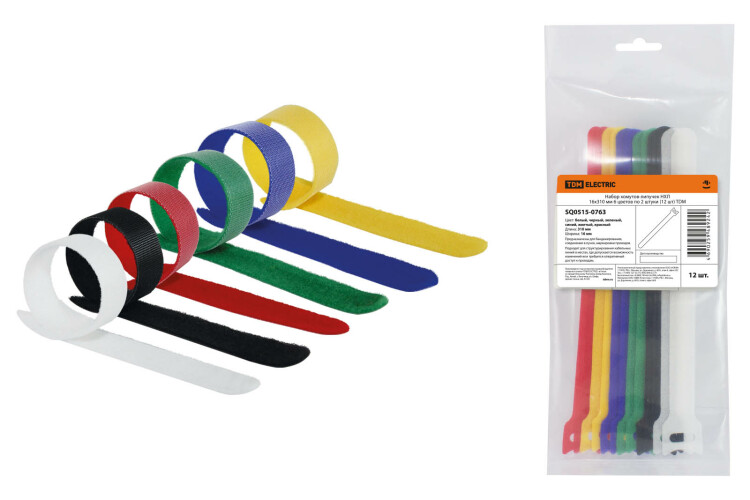 Набор хомутов-липучек НХЛ 16х310 мм 6 цветов по 2 штуки (12 шт) | SQ0515-0763 | TDM