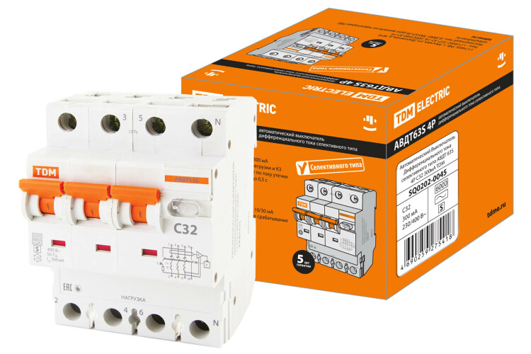 Выключатель автоматический дифференциального тока АВДТ 63S 4P C32 300мА | SQ0202-0045 | TDM