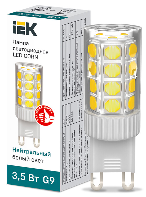 Лампа светодиодная CORN капсула 3,5Вт 230В 4000К керамика G9 IEK | LLE-CORN-4-230-40-G9 | IEK