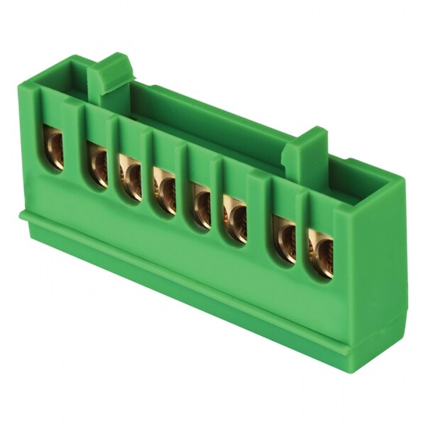 Шина "0" PE (6х9мм) 8 отверстий латунь зеленый изолированный корпус на DIN-рейку розничный стикер EKF PROxima | sn0-63-8-ig-r | EKF