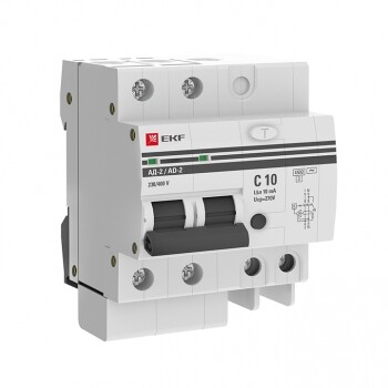 Выключатель автоматический дифференциального тока АД-2 10А/10мА (х-ка C, АС, электронный, защита 270В) 4,5кА PROxima | DA2-10-10-pro | EKF