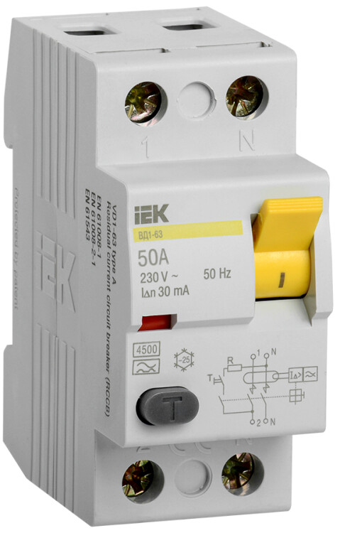 Выключатель дифференциальный (УЗО) ВД1-63 2п 50А 30мА тип A | MDV11-2-050-030 | IEK