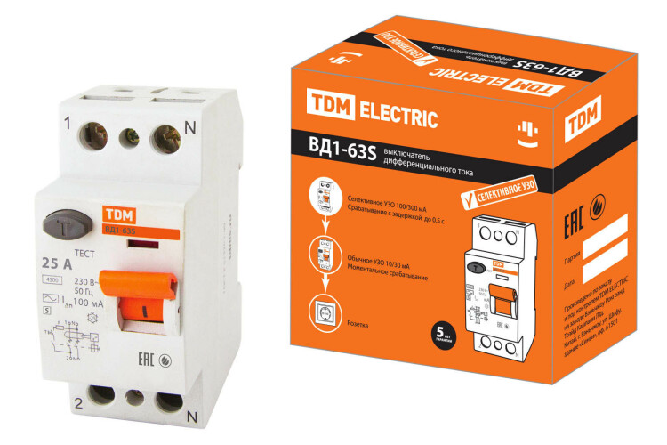 Выключатель дифференциальный (УЗО) ВД1-63S 2п 25А 100мА тип AC | SQ0203-0052 | TDM