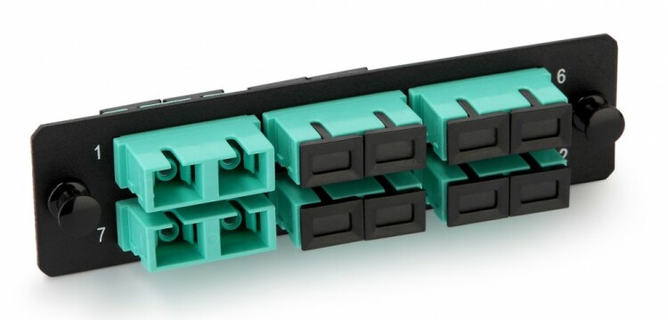 Панель FO-FPM-W120H32-6DSC-AQ д. FO-19BX с 6 SC (duplex) адапт.ми,12вол.,многомод OM3/OM4,120x32мм,адап.цвета аква (aqua) | 54208 | Hyperline