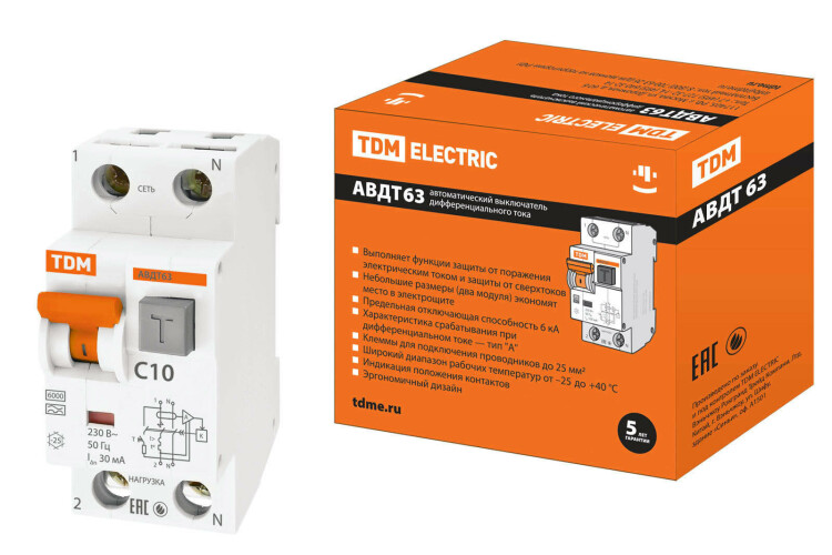 Выключатель автоматический дифференциального тока АВДТ 63 1п+N 10А C 30мА тип A | SQ0202-0001 | TDM