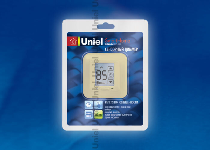 USW-001-LCD-DM-40/500W-TM-M-BG Выключатель с диммером и таймером выключения, сенсор, блистер, бежевый | 04029 | Uniel
