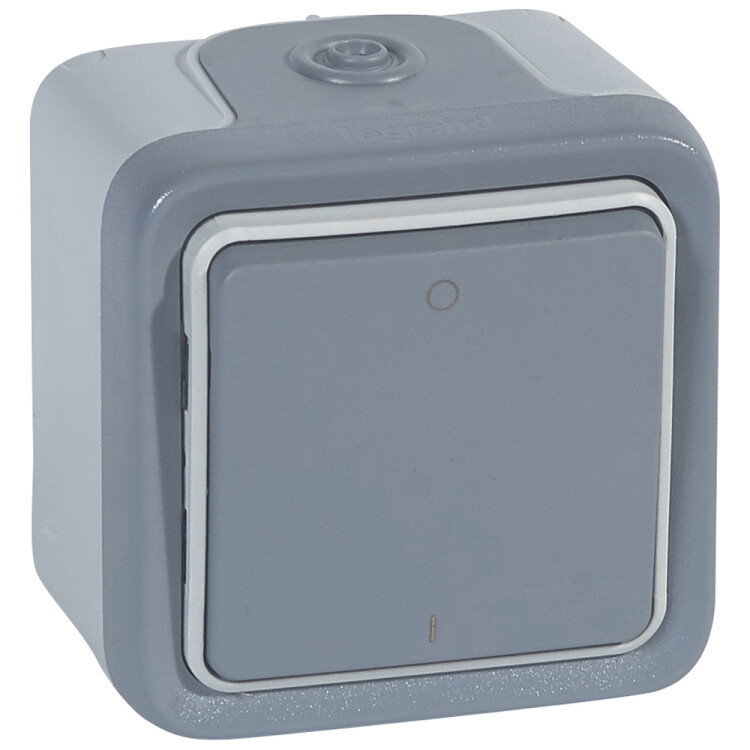 Plexo Серый Выключатель 2-х полюс. кнопочный наружный монтаж 10А (в сборе) IP55 | 069717 | Legrand
