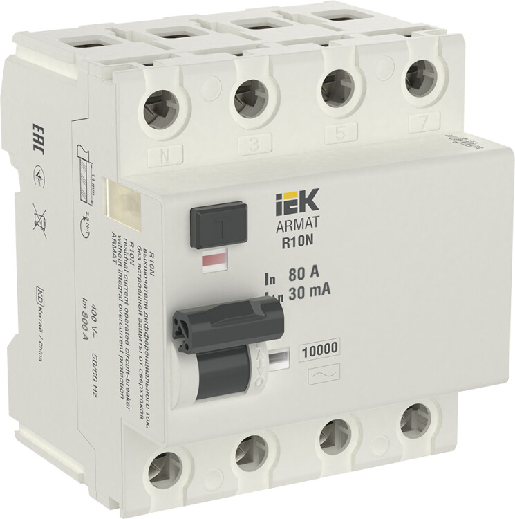 Выключатель дифференциальный (УЗО) R10N 4P 80А 30мА тип AC ARMAT IEK | AR-R10N-4-080C030 | IEK