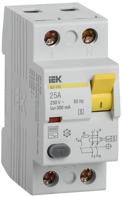 Выключатель дифференциальный (УЗО) ВД1-63S 2п 25А 300мА тип AC | MDV12-2-025-300 | IEK