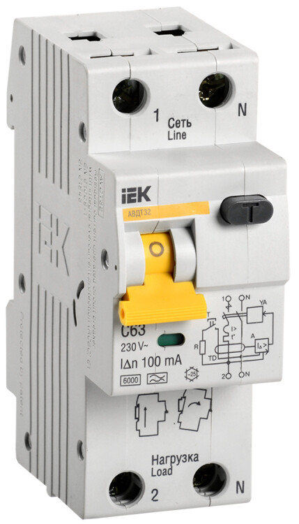 Выключатель автоматический дифференциального тока АВДТ 32 1п+N 63А C 100мА тип A | MAD22-5-063-C-100 | IEK