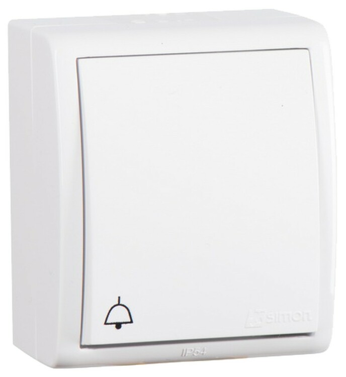 Simon 15 Белый Выключатель 1-кл кнопочный с символом «звонок» с подсветкой, IP54, 10А 250В, винт. зажим | 1594160-030 | Simon