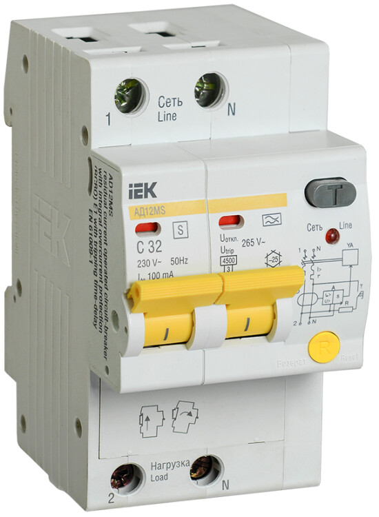 Выключатель автоматический дифференциального тока АД12MS 2п 32А C 100мА тип A (3 мод) | MAD123-2-032-C-100 | IEK