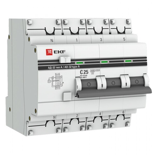 Выключатель автоматический дифференциального тока АД-32 3п+N 25А C 10мА тип A PROxima | DA32-25-10-4P-a-pro | EKF