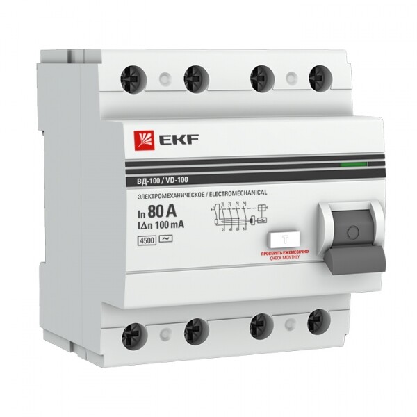 Выключатель дифференциальный (УЗО) ВД-100 4п 80А 100мА тип AC PROxima | elcb-4-80-100-em-pro | EKF