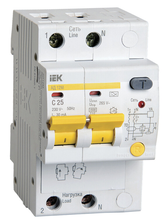 Выключатель автоматический дифференциального тока АД12М 2п 25А C 30мА тип A (3 мод) | MAD12-2-025-C-030 | IEK