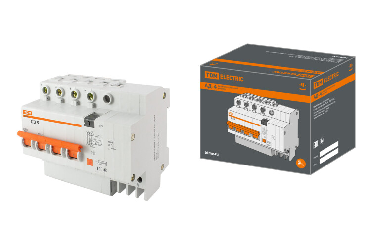 Выключатель автоматический дифференциального тока АД-4 4п 25А C 30мА тип AC (7 мод) | SQ0221-0007 | TDM