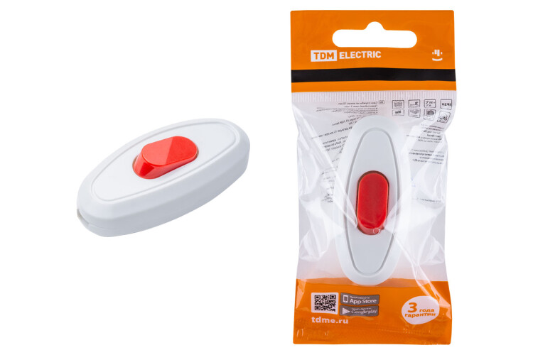Выключатель на шнур 6А 250В белый с красной кнопкой | SQ1806-0221 | TDM