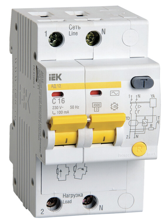 Выключатель автоматический дифференциального тока АД12 2п 16А C 100мА тип AC (3 мод) | MAD10-2-016-C-100 | IEK