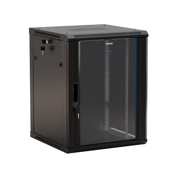 TWB-0966-GP-RAL9004 Шкаф настенный 19-дюймовый (19"), 9U, 500x600х600мм, стеклянная дверь с перфорацией по бокам, цвет черн.| 392631 | Hyperline
