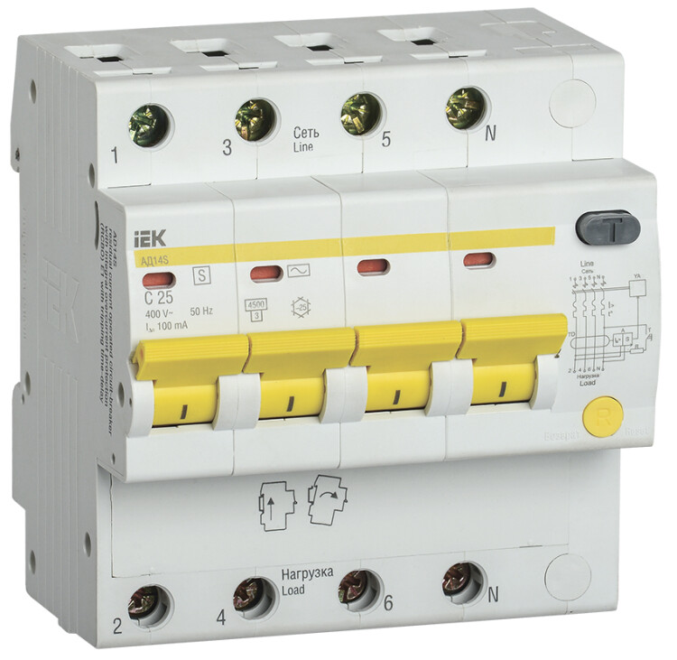 Выключатель автоматический дифференциального тока АД14S 4п 25А C 100мА тип AC (5 мод) | MAD13-4-025-C-100 | IEK