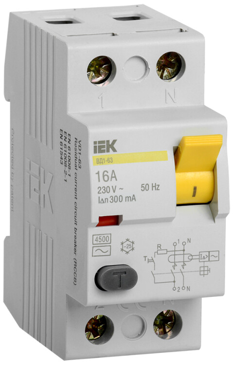Выключатель дифференциальный (УЗО) ВД1-63 2п 16А 300мА тип AC | MDV10-2-016-300 | IEK