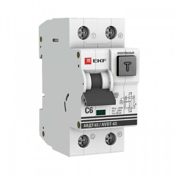 Выключатель автоматический дифференциального тока АВДТ-63 1п+N 6А C 30мА тип A PROxima (электронный) | DA63-6-30e | EKF