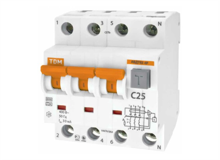 Выключатель автоматический дифференциального тока АВДТ 63 3п+N 16А C 100мА тип A | SQ0202-0021 | TDM