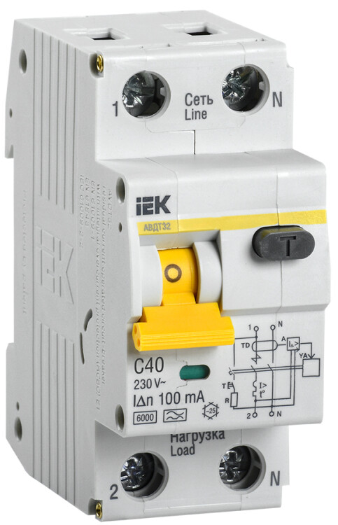 Выключатель автоматический дифференциального тока АВДТ 32 1п+N 40А C 100мА тип A | MAD22-5-040-C-100 | IEK