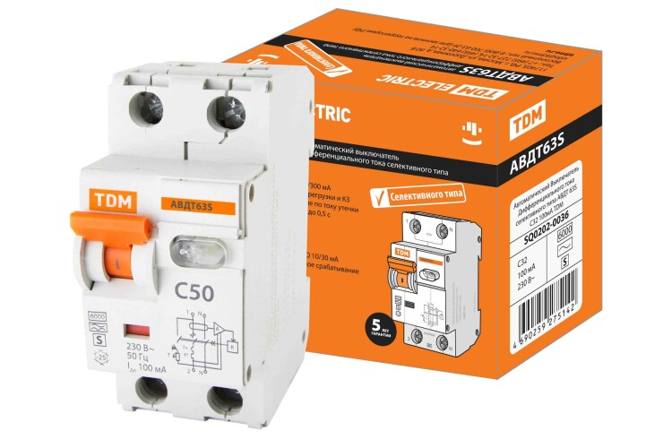 Выключатель автоматический дифференциального тока АВДТ 63S 1п+N 32А C 100мА тип AC | SQ0202-0036 | TDM