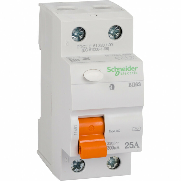Выключатель дифференциальный (УЗО) ВД63 2п 25А 300мА тип AC | 11451 | Schneider Electric