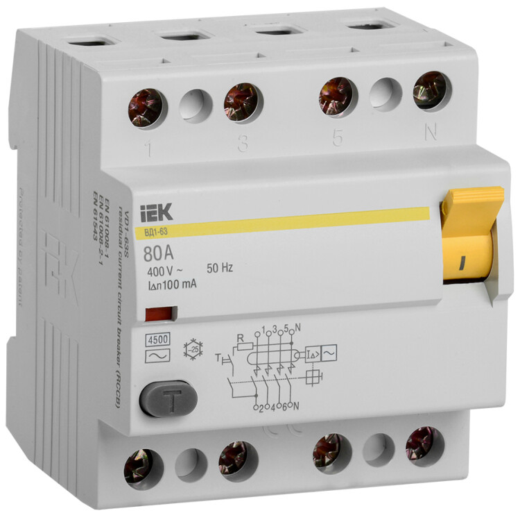 Выключатель дифференциальный (УЗО) ВД1-63 4п 80А 100мА тип AC | MDV10-4-080-100 | IEK