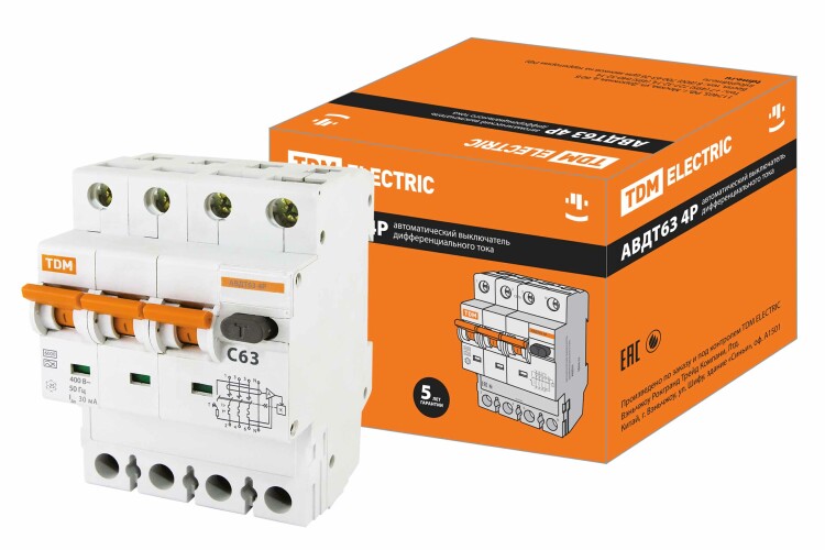 Выключатель автоматический дифференциального тока АВДТ 63 3п+N 63А C 30мА тип A | SQ0202-0055 | TDM