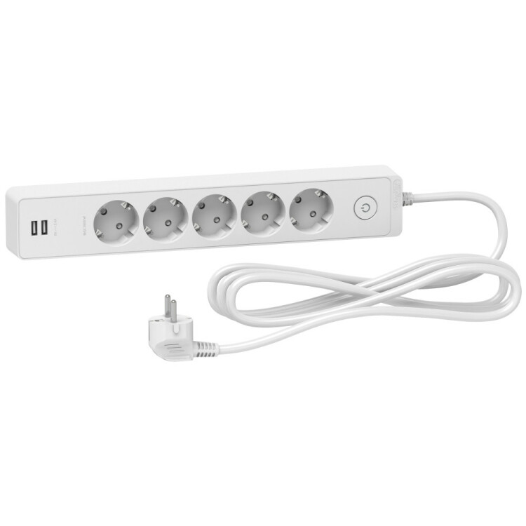 UNICA EXTEND удлинитель 5 розеток 2К+З, кабель 3м, 2 USB, белый | ST945U3W | Schneider Electric