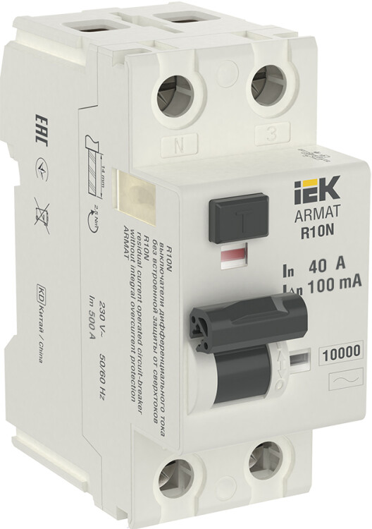 Выключатель дифференциальный (УЗО) R10N 2P 40А 100мА тип AC ARMAT IEK | AR-R10N-2-040C100 | IEK