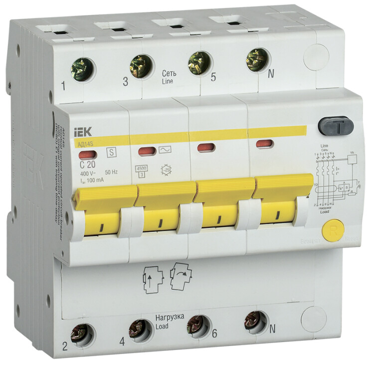 Выключатель автоматический дифференциального тока АД14S 4п 20А C 100мА тип AC (5 мод) | MAD13-4-020-C-100 | IEK