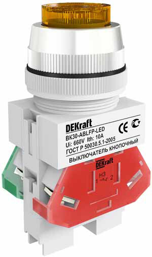Выкл. кноп. ABLFP 30 мм Цвет:ЖЕЛТЫЙ LED 220В ВK-30 | 25049DEK | DEKraft