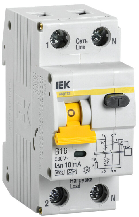 Выключатель автоматический дифференциального тока АВДТ 32 1п+N 16А B 10мА тип A | MAD22-5-016-B-10 | IEK