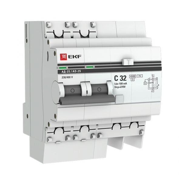 Выключатель автоматический дифференциального тока АД-2S 2п 32А C 100мА тип AC (4 мод.) PROxima (электронный) | DA2-32-100S-pro | EKF