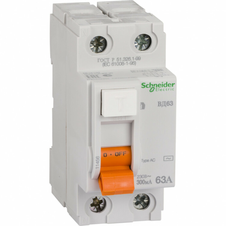 Выключатель дифференциальный (УЗО) ВД63 2п 63А 300мА тип AC | 11456 | Schneider Electric